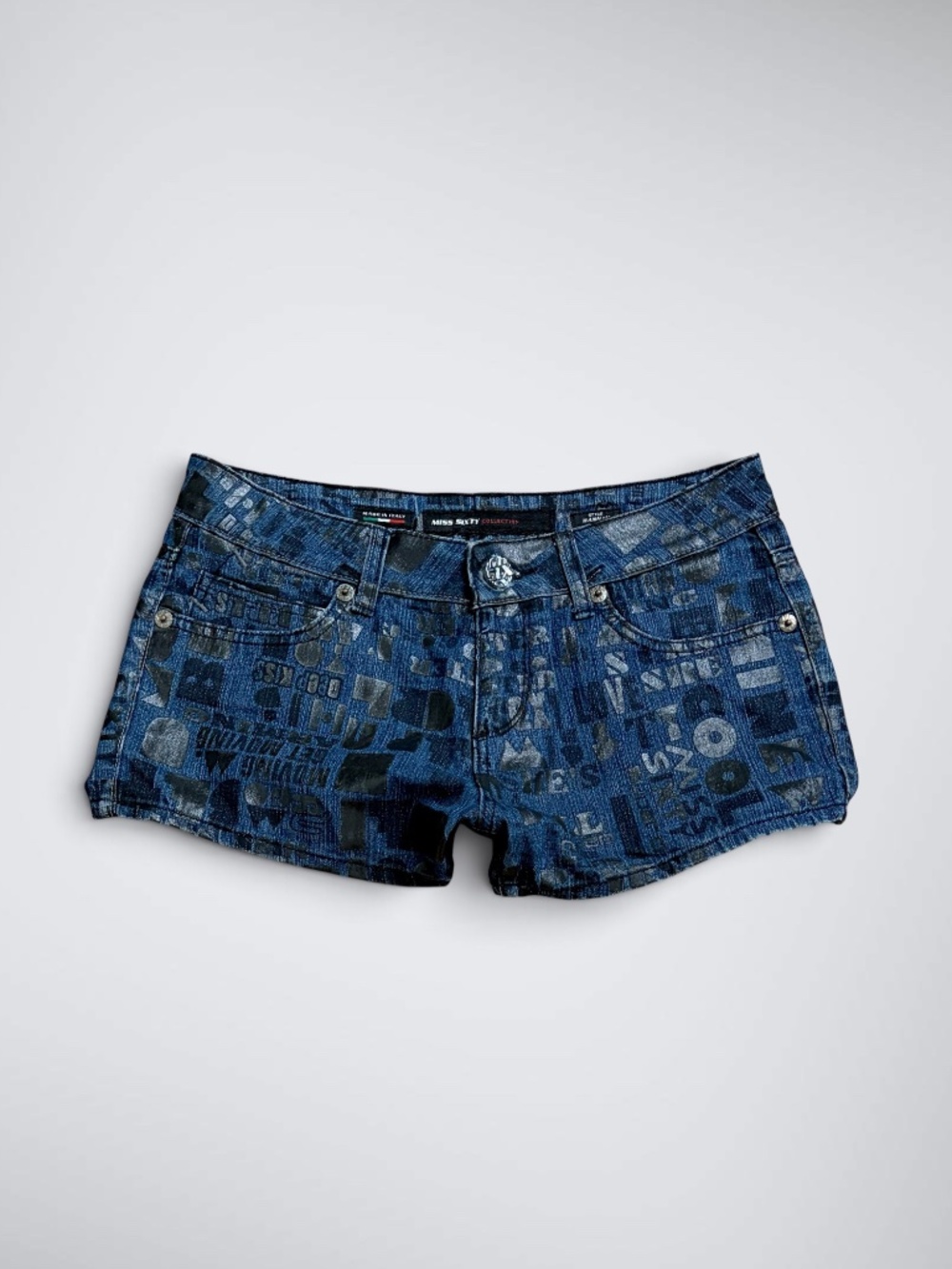 VTG Archival Miss Sixty Made in Italy “All Over Print” Mid Rise Micro Denim Shor